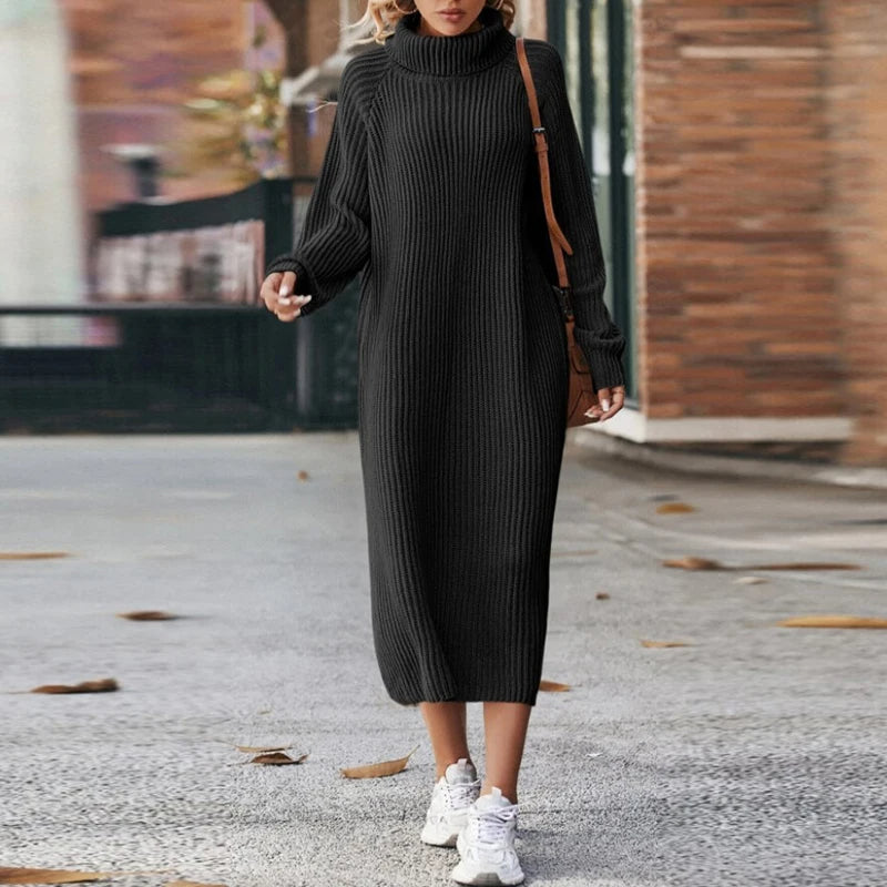 Robe Midi Col Roulé Femme Manches Longues - Noir