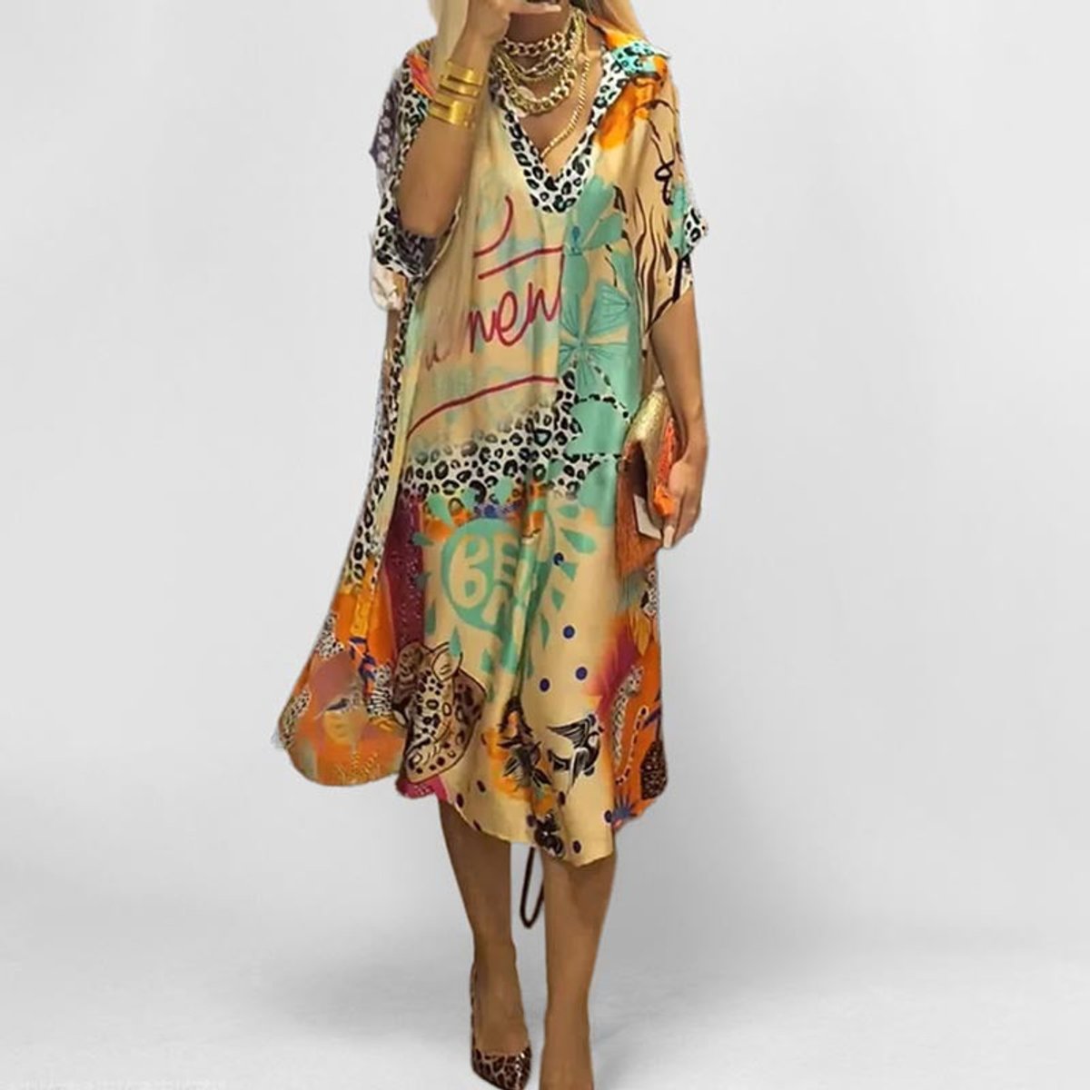Robe Midi Col V Imprimé Léopard Fleuri Manches Courtes Femme
