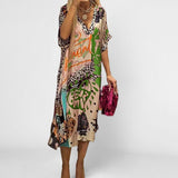 Robe Midi Col V Imprimé Léopard Fleuri Manches Courtes Femme