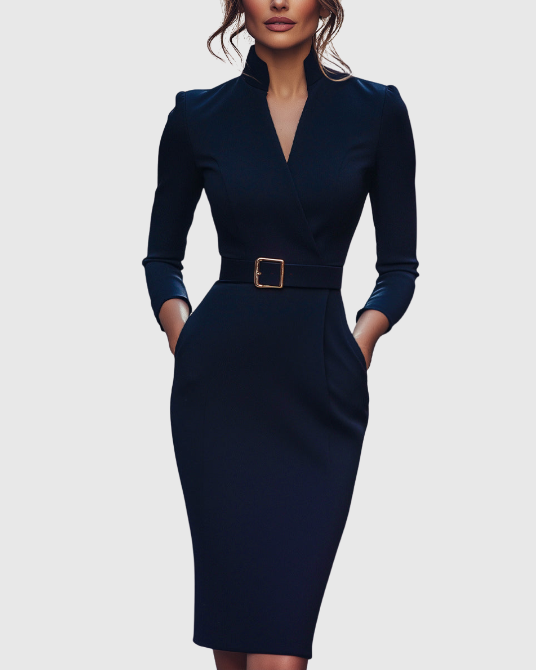 Robe midi femme cache-cœur manches 3/4 coupe crayon - Bleu Marine
