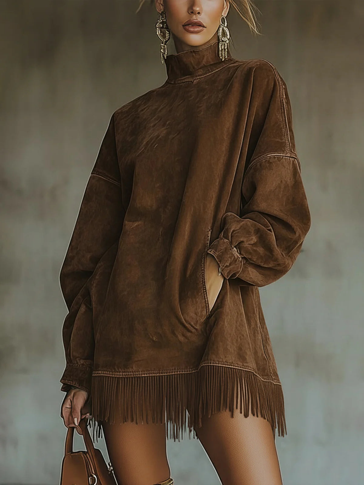 Robe Pull Col Roulé Suédine Franges Femme - Marron