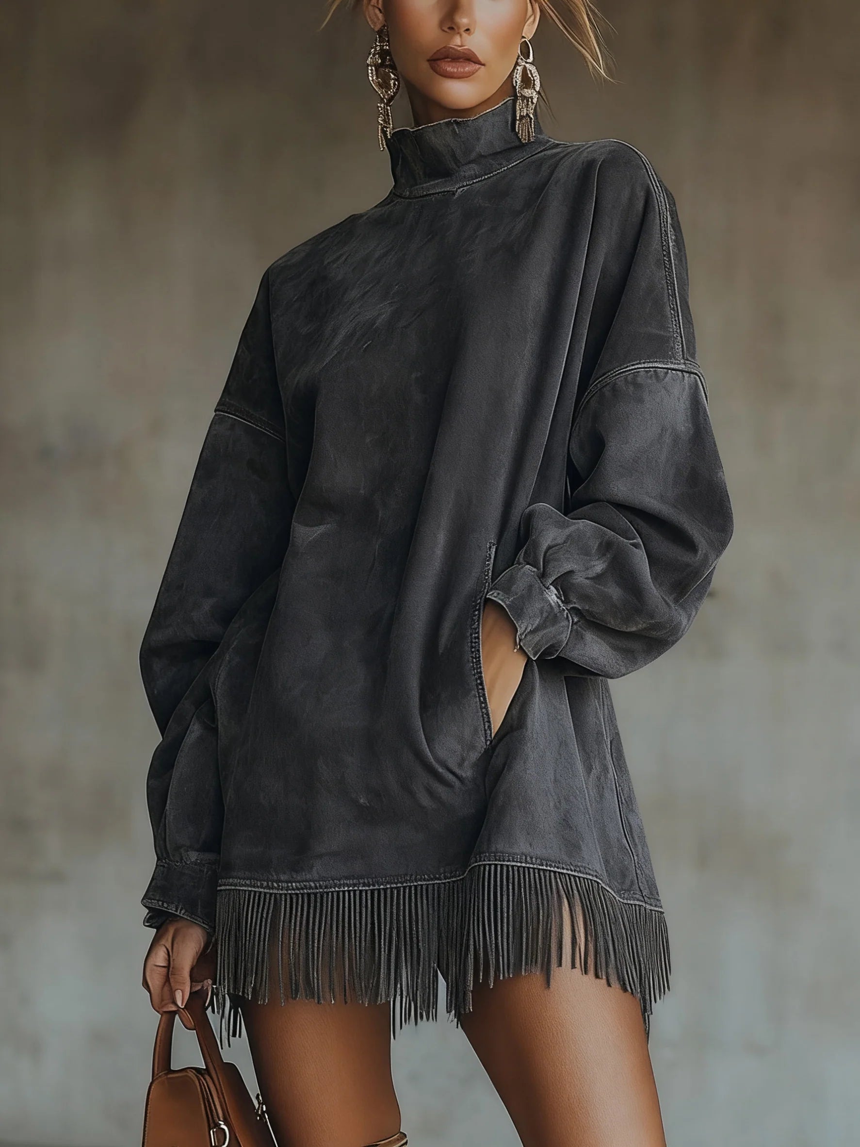 Robe Pull Col Roulé Suédine Franges Femme - Gris
