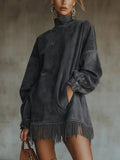 Robe Pull Col Roulé Suédine Franges Femme - Gris