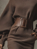 Robe pull en maille femme, manches longues, ceinturée