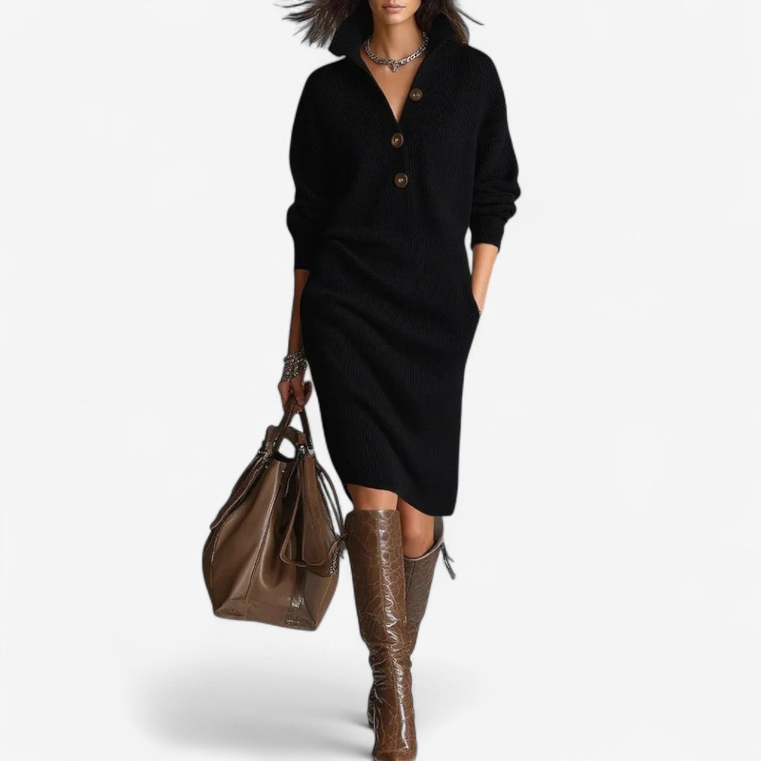 Robe pull en maille femme col boutonné longueur midi oversize
