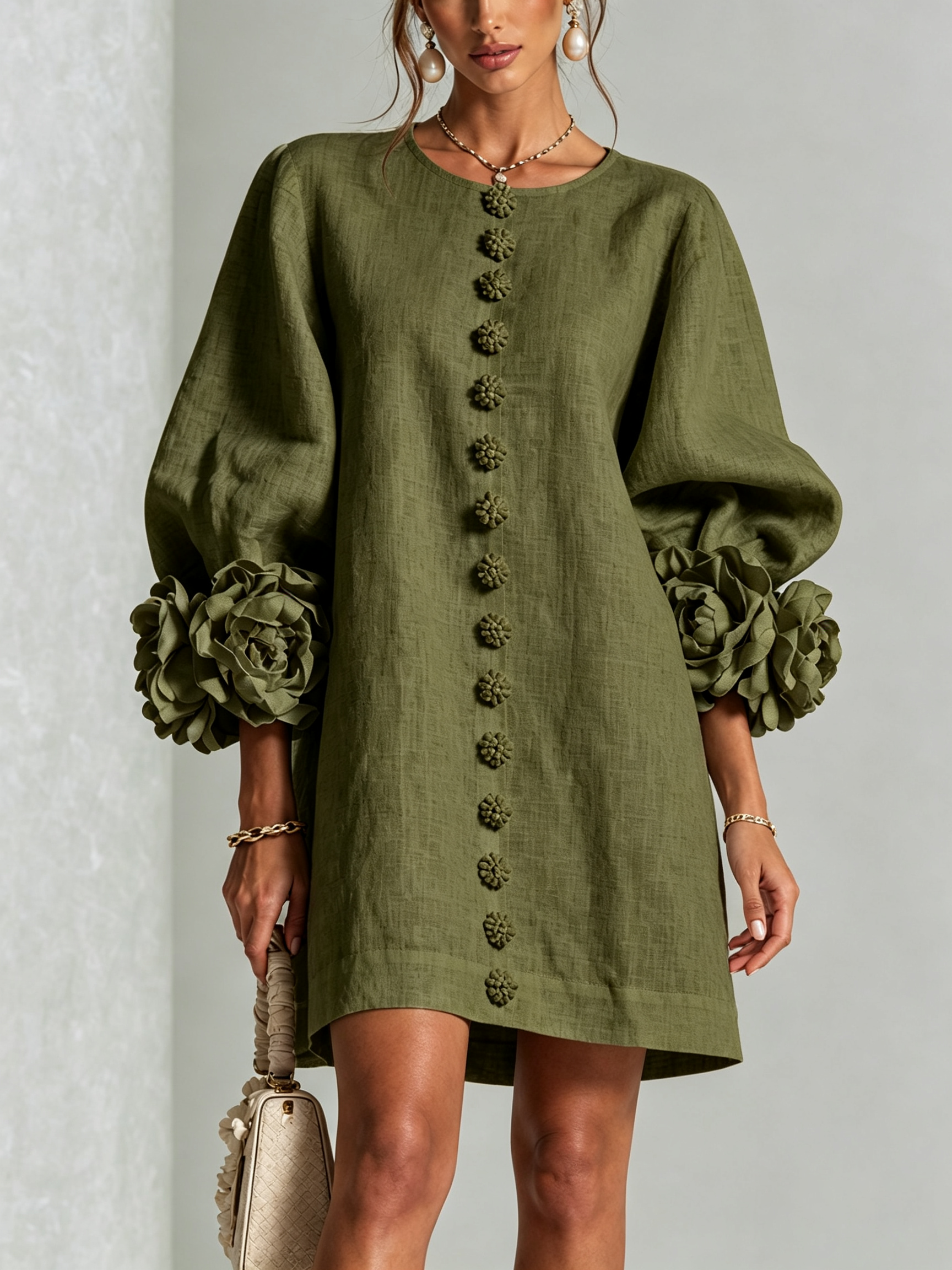 Robe Trapèze Ample Femme Manches Trois-Quarts - Vert