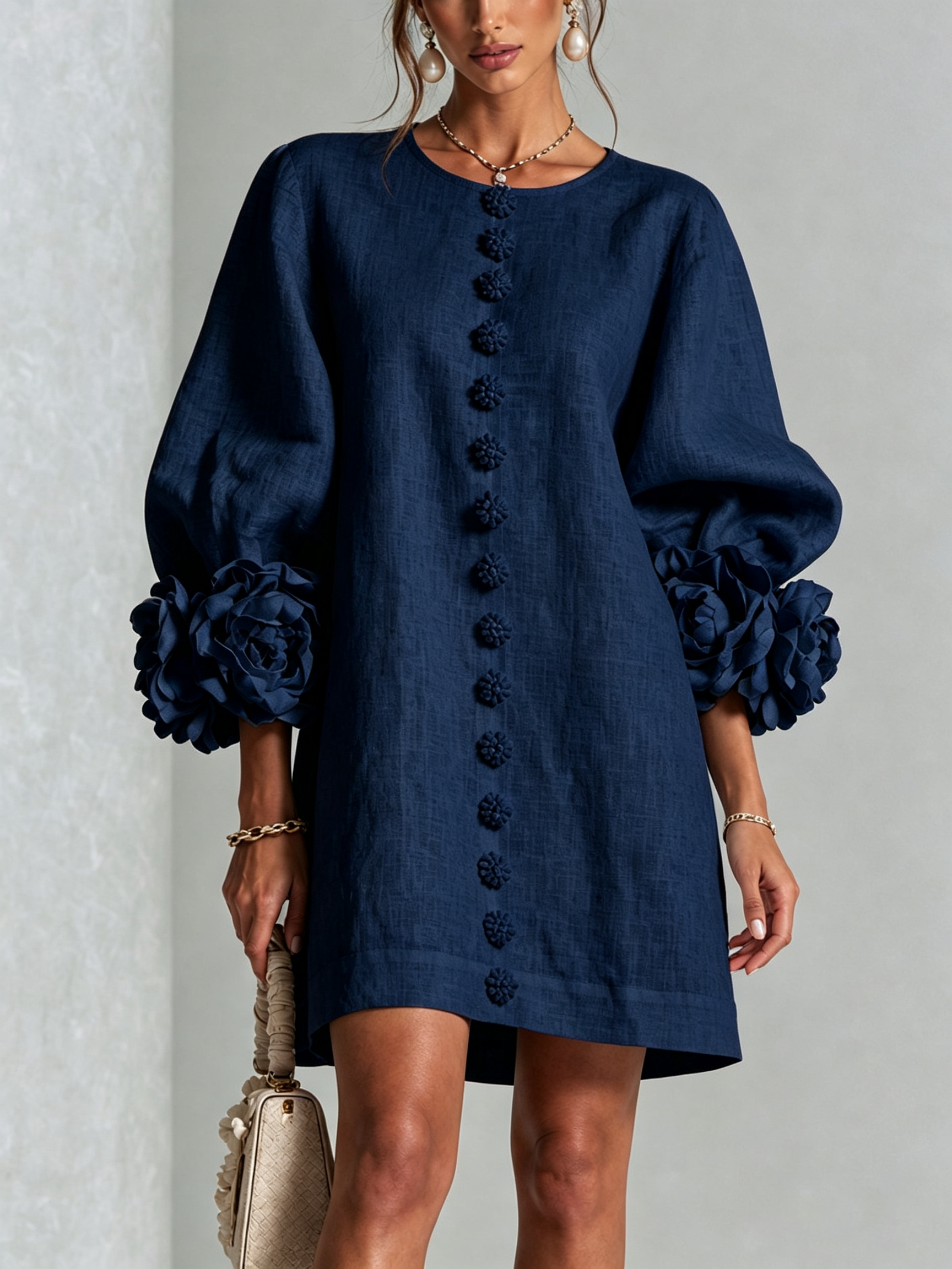 Robe Trapèze Ample Femme Manches Trois-Quarts - Bleu marine