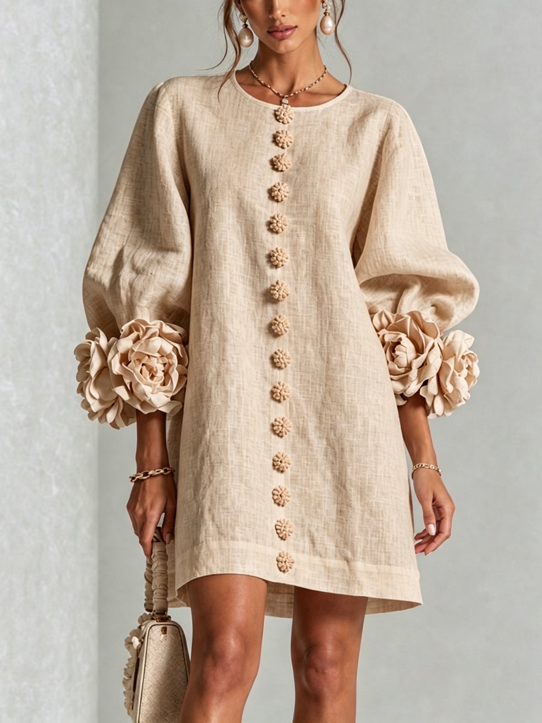 Robe Trapèze Ample Femme Manches Trois-Quarts - Abricot