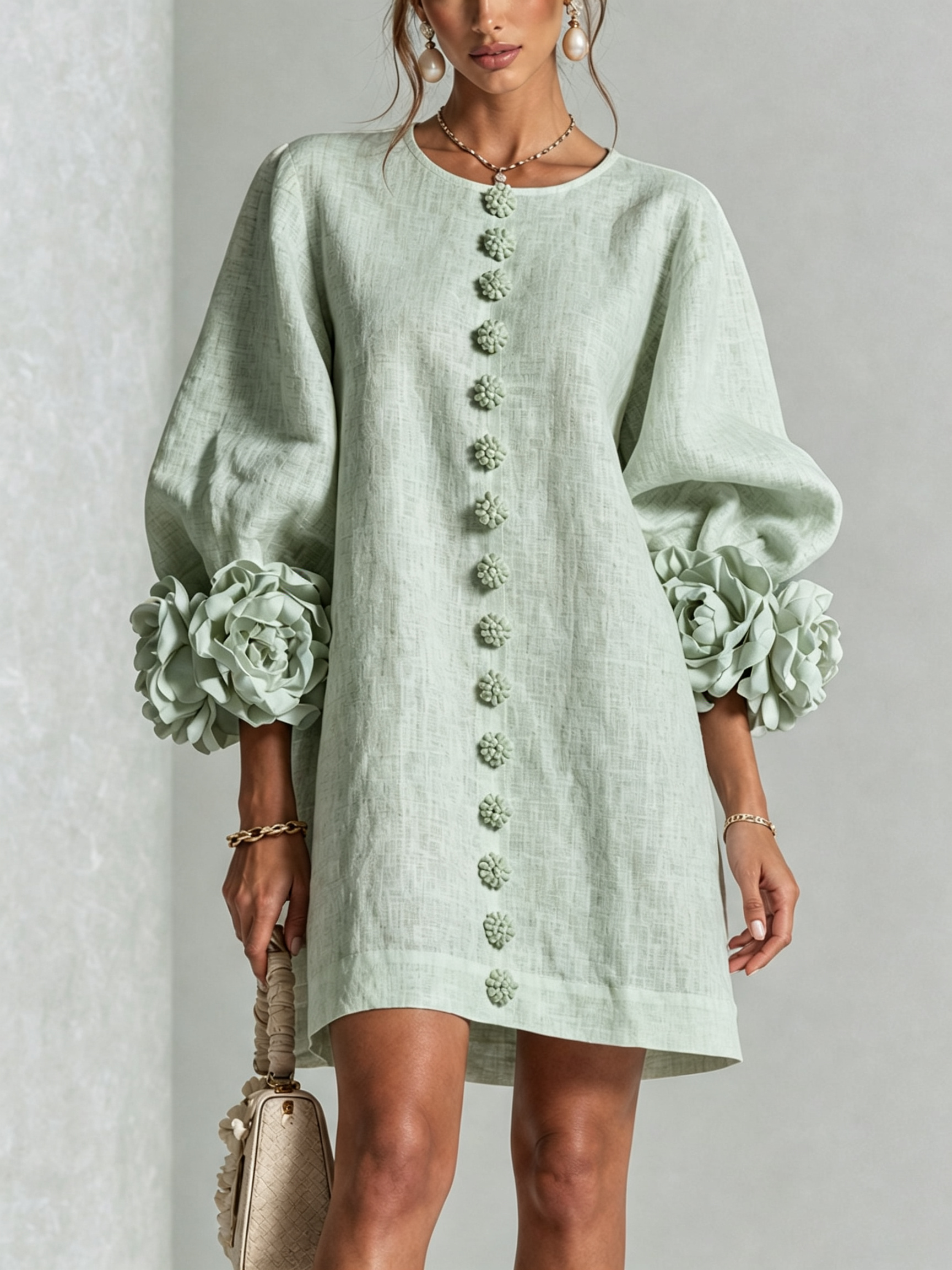 Robe Trapèze Ample Femme Manches Trois-Quarts - Vert menthe