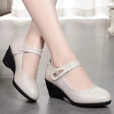 Sandale compensée femme confort talon moyen bride ajustable - Beige