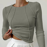 Top côtelé manches longues femme col rond coupe slim