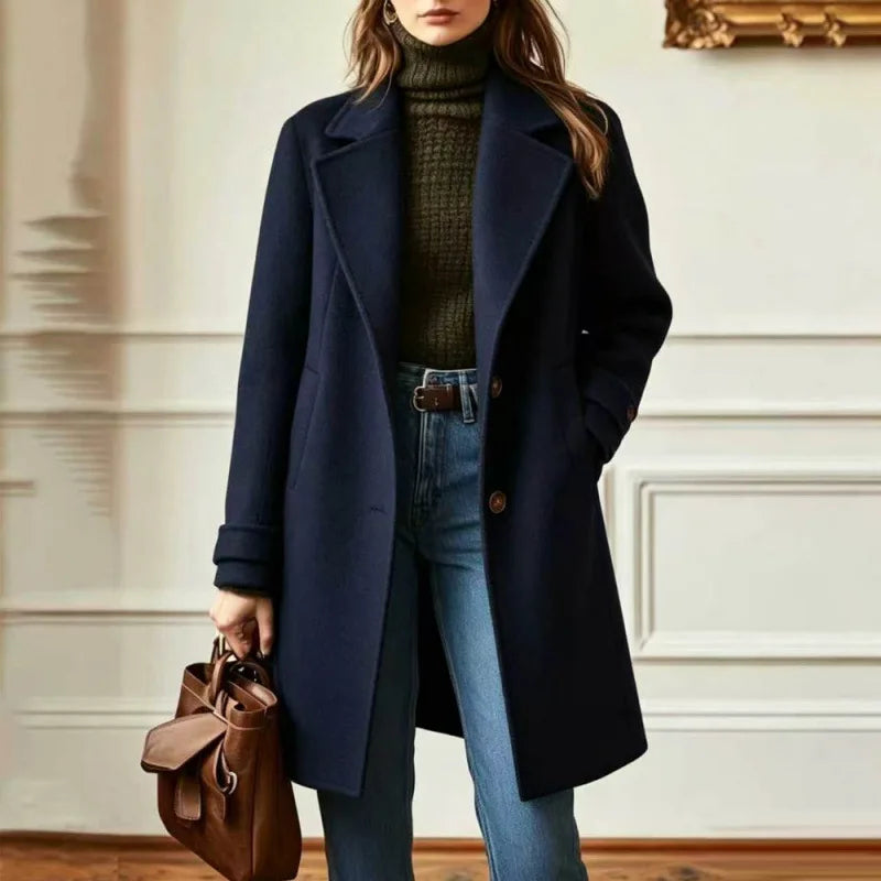 Trench Femme Mélange Laine Col Rétro Mi-Long - Bleu