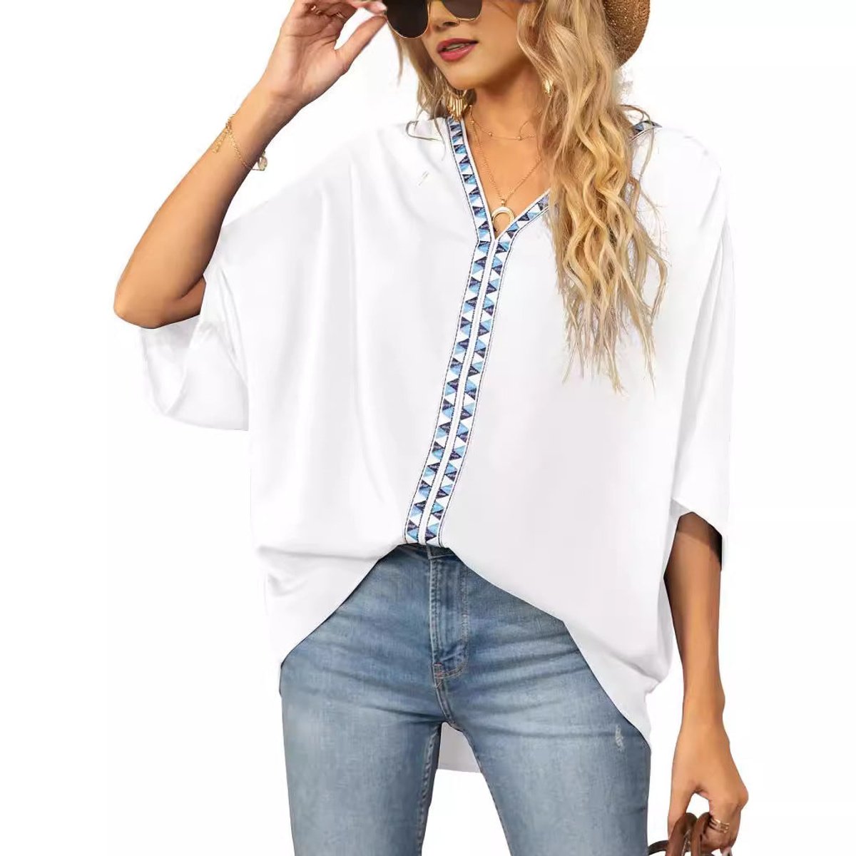 Tunique brodée col V oversize femme manches courtes boho