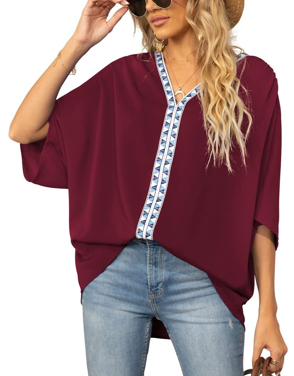 Tunique brodée col V oversize femme manches courtes boho
