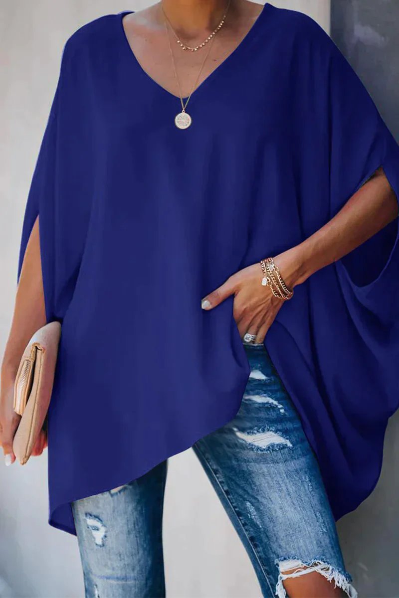 Tunique Femme Col V Manches Chauve-Souris Oversize