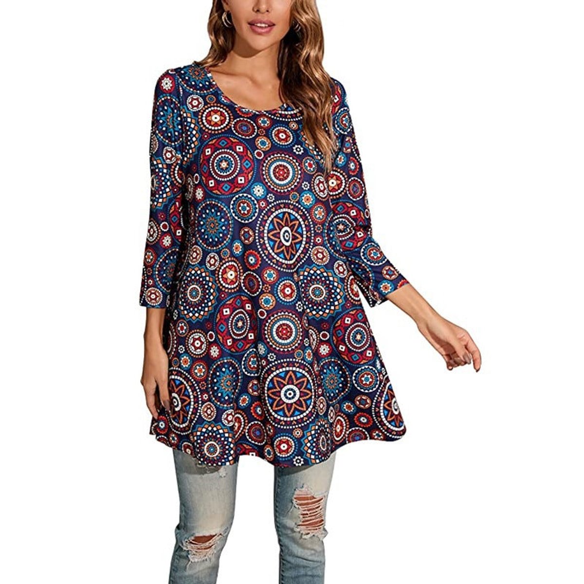 Tunique Femme Imprimé Mandala Manches 3/4 Col Rond