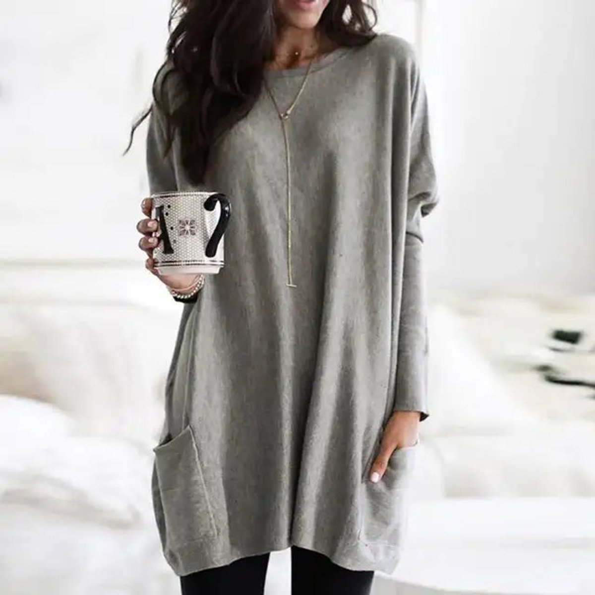 Tunique Oversize Col Rond Manches Longues Femme