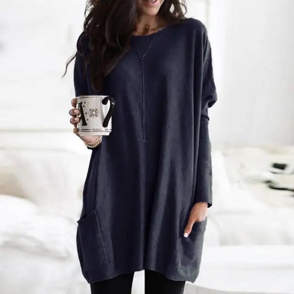 Tunique Oversize Col Rond Manches Longues Femme