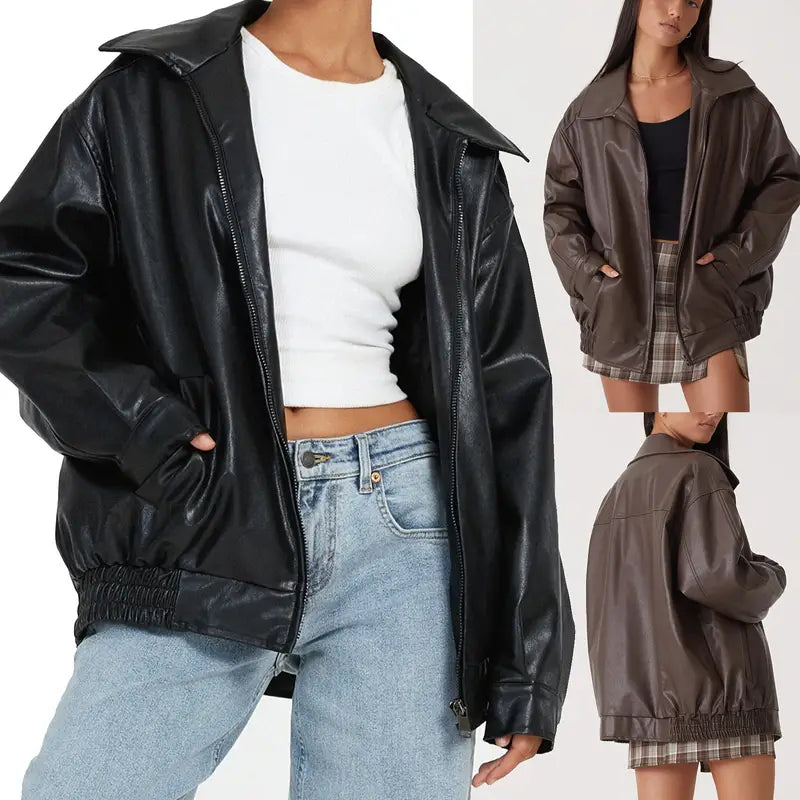 Veste en cuir classique zippée femme