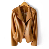 Veste en cuir véritable zip asymétrique col V - Burnt Orange