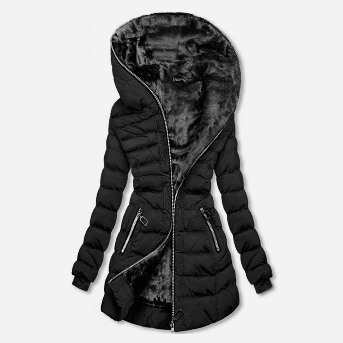 Veste matelassée femme mi-longue doublure polaire - Noir