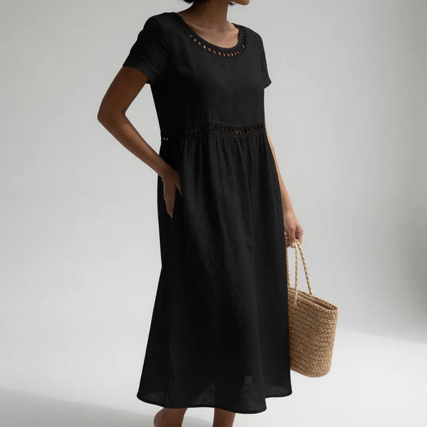 Robe Brodée Coton Empire Midi Courte Élégante Été Vacances