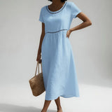 Robe Brodée Coton Empire Midi Courte Élégante Été Vacances