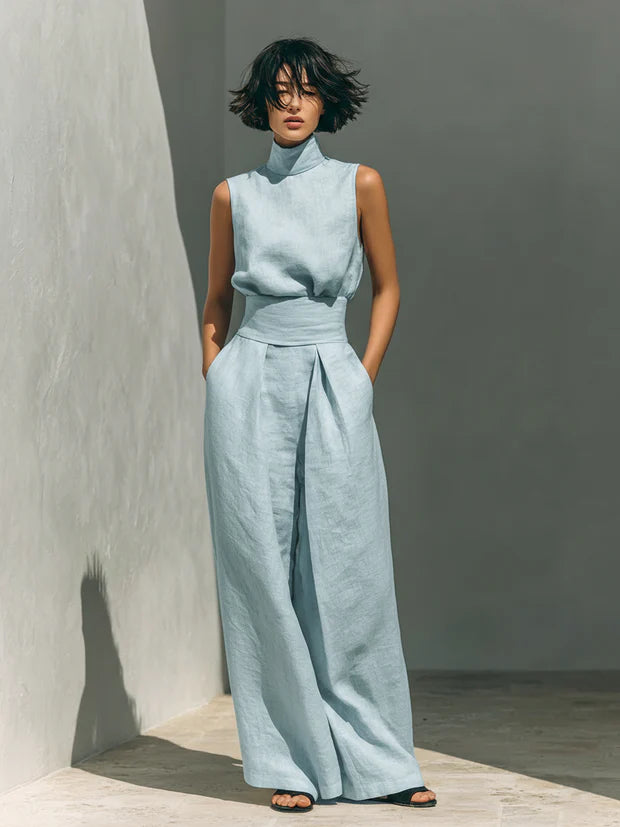 Ensemble Pantalon Large Débardeur Coton Lin Deux Pièces Fluide Été Voyage