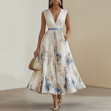 Robe Longue Fleurie Plissée Mousseline Cérémonie Col V Élégant