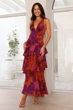 Robe Maxi Mousseline Plissée Évasée Volants Col V Élégant