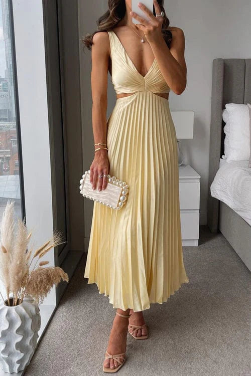 Robe Midi Plissée Fluide Silhouette Trapèze Évasée Élégant