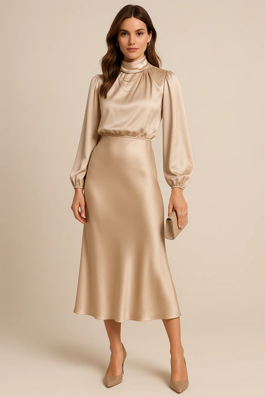 Robe Midi Taille Haute Col Haut Mélange Coton Élégant