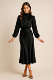 Robe Midi Taille Haute Col Haut Mélange Coton Élégant