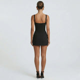 Robe Mini Ajustée Col Carré Larges Bretelles Extensible Élégant