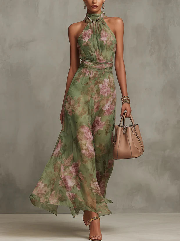 Robe Halter Fleurie Longue Élégante Taille Haute Évasée Été