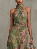 Robe Halter Fleurie Longue Élégante Taille Haute Évasée Été