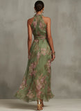 Robe Halter Fleurie Longue Élégante Taille Haute Évasée Été