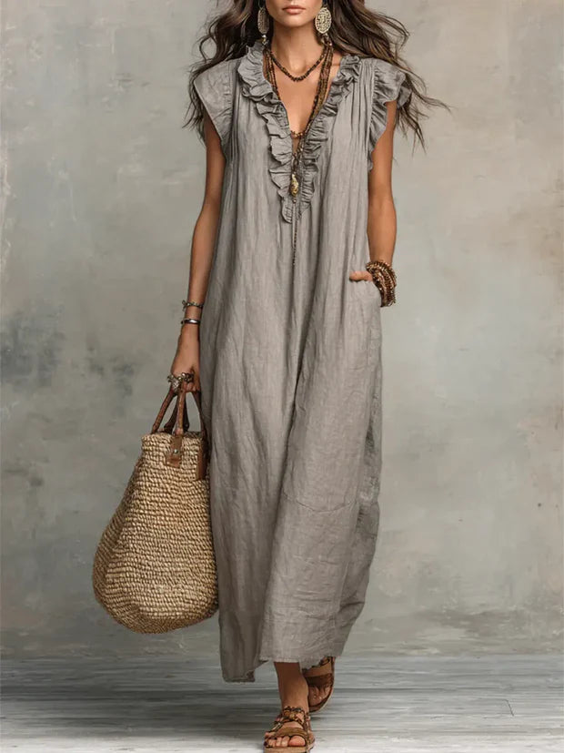 Robe Bohème Chic Longue Fluide Lin Coton Volants Poches Été Vacances