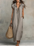 Robe Bohème Chic Longue Fluide Lin Coton Volants Poches Été Vacances