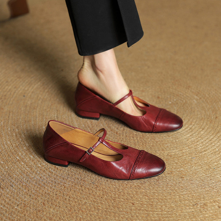 Ballerines en Cuir Femme Bride en T Détails Brogue Semelle Antidérapante