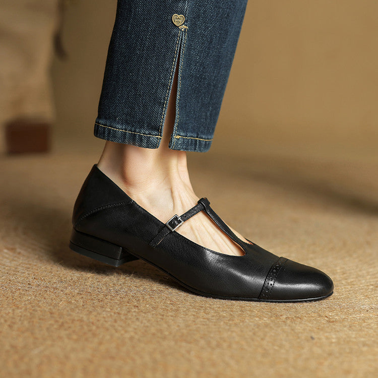 Ballerines en cuir femme bride en T détails brogue - Noir