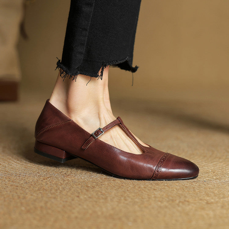 Ballerines en cuir femme bride en T détails brogue - Marron