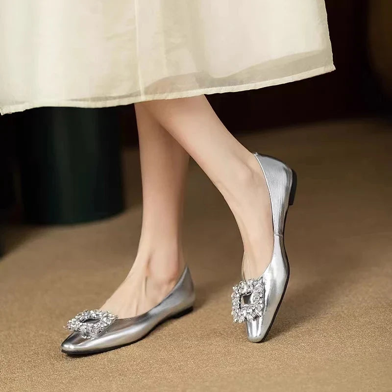 Ballerines Femme en Cuir Strass Finition Métallisée Semelle Confort