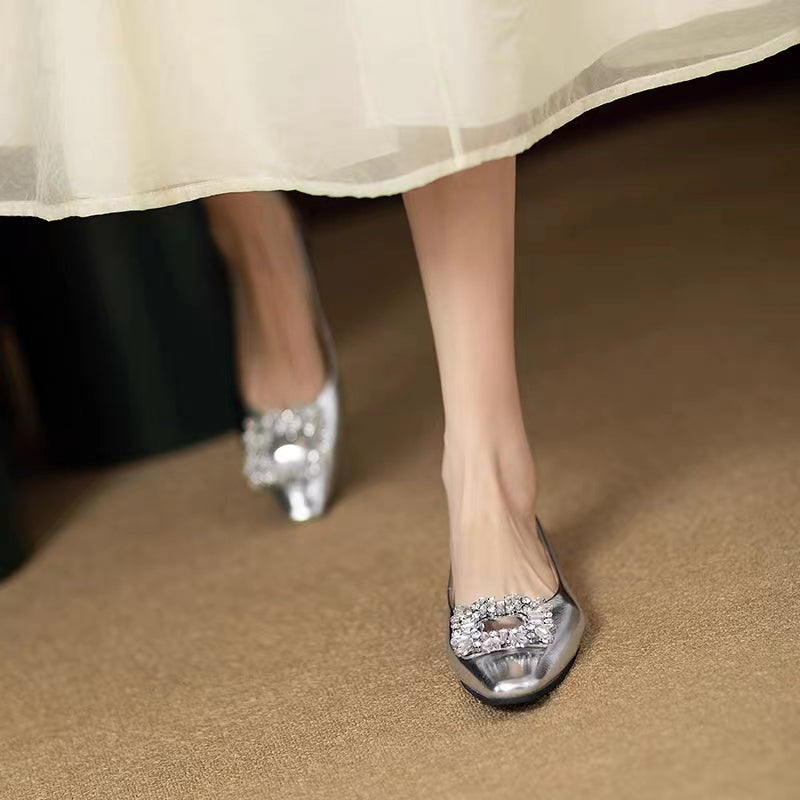 Ballerines femme en cuir avec strass et finition métallisée
