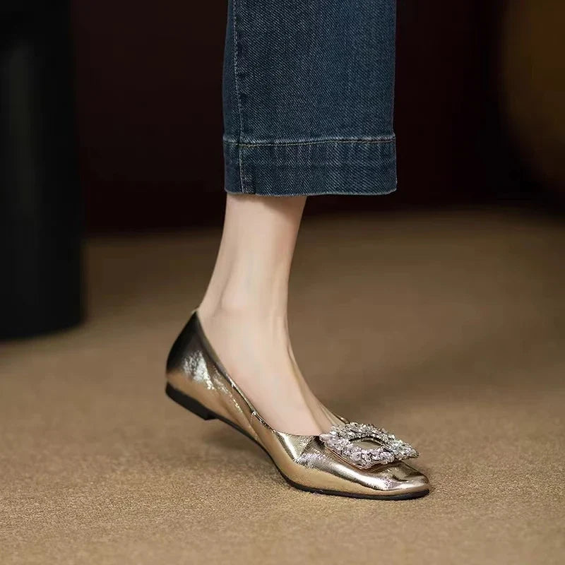 Ballerines femme en cuir avec strass et finition métallisée