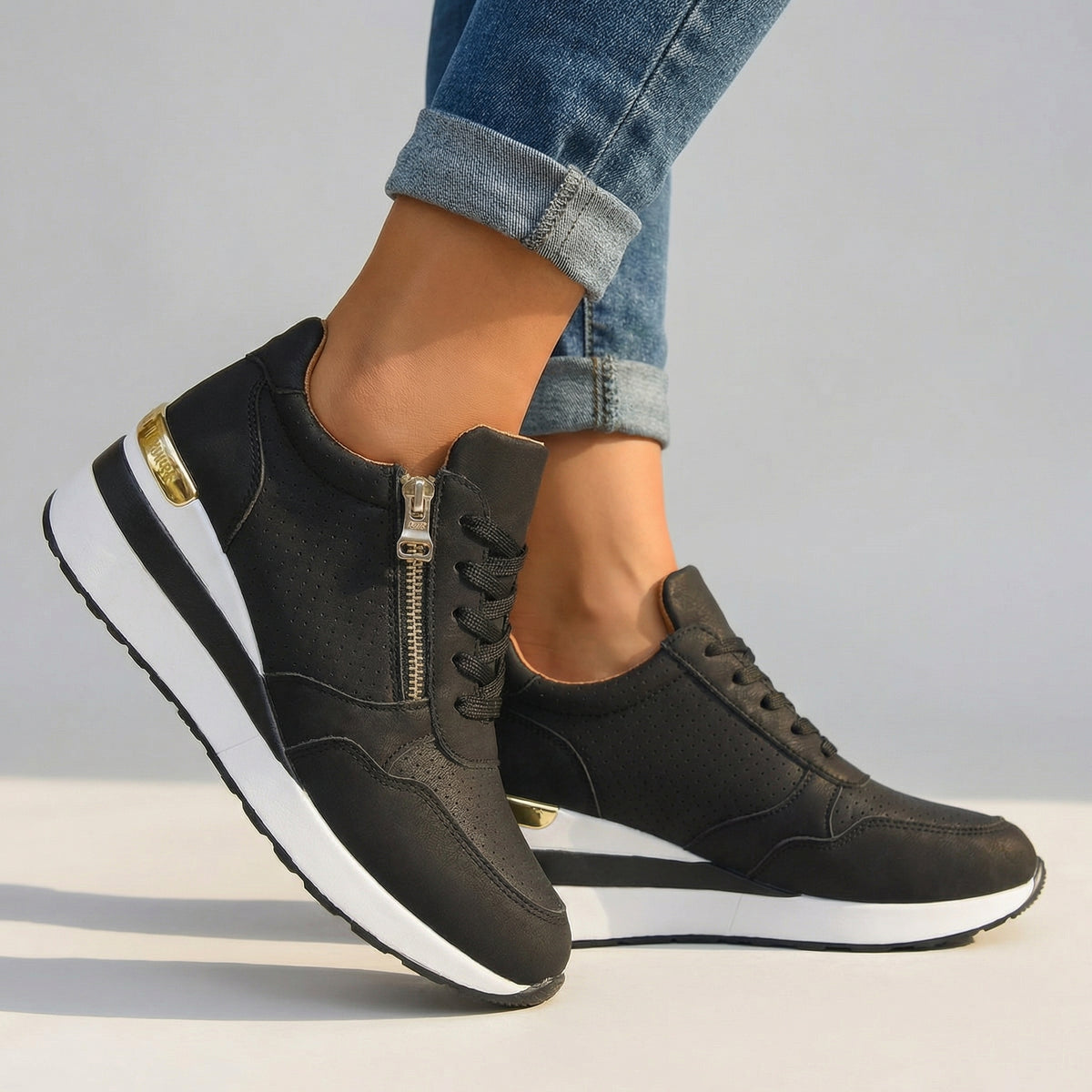 Baskets compensées orthopédiques femme confort - Noir