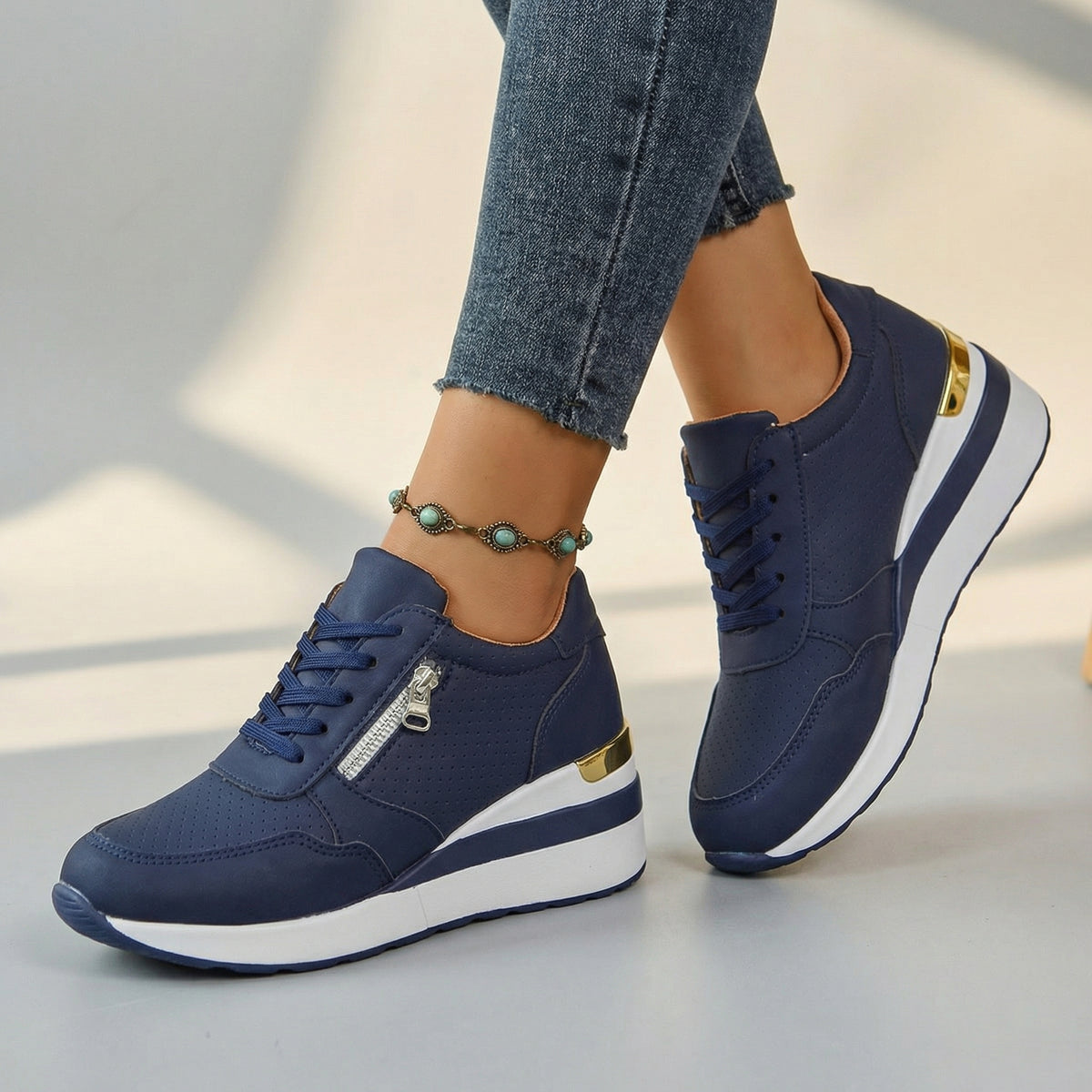 Baskets compensées orthopédiques femme confort - Bleu