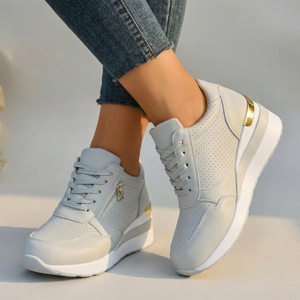 Baskets compensées orthopédiques femme confort - Gris