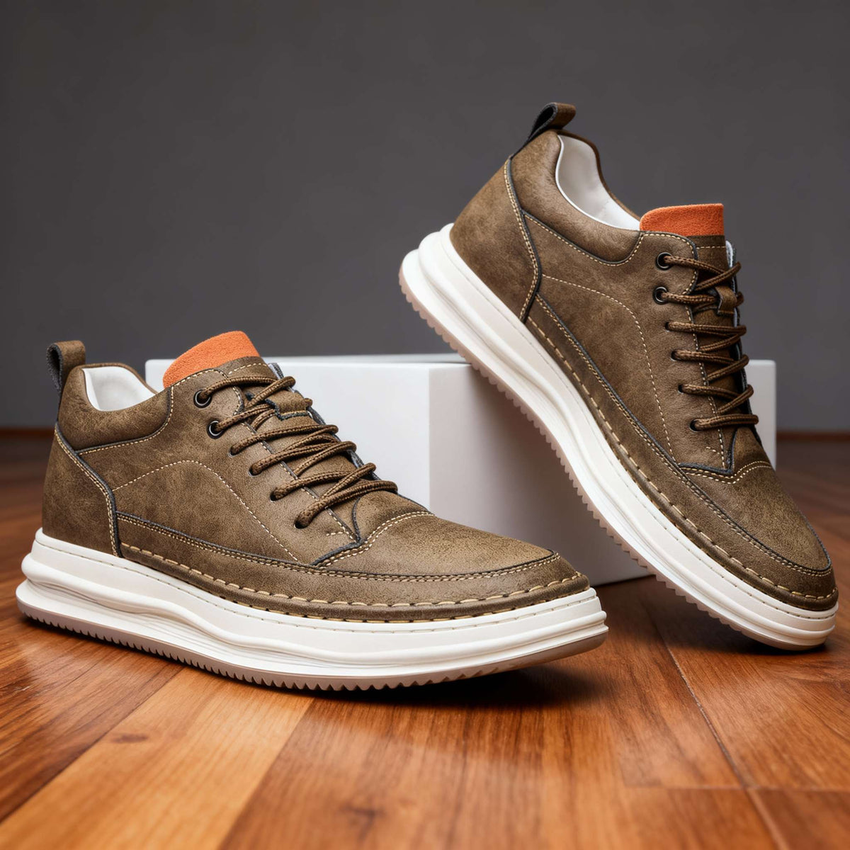 Baskets en cuir texturé semelle confort - Kaki