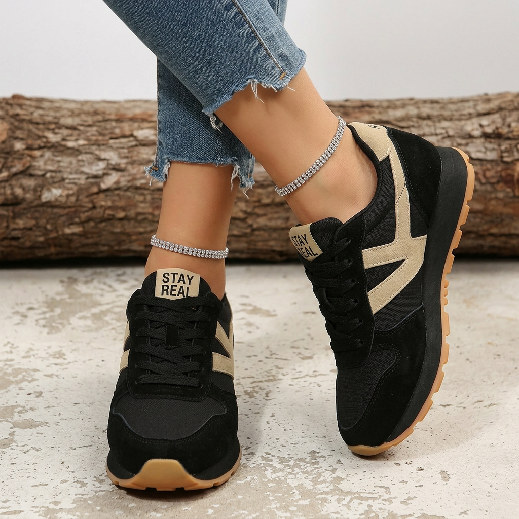 Baskets orthopédiques femme confort rétro - Black - Beige